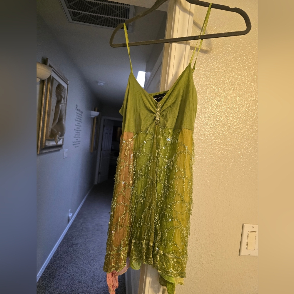 Green And Pink Beaded Spaghetti Strap Tunic.